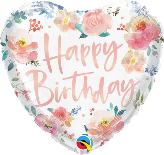 Folienballon - Happy Birthday - Wasserfarben - Rosen - Herz - 46 cm