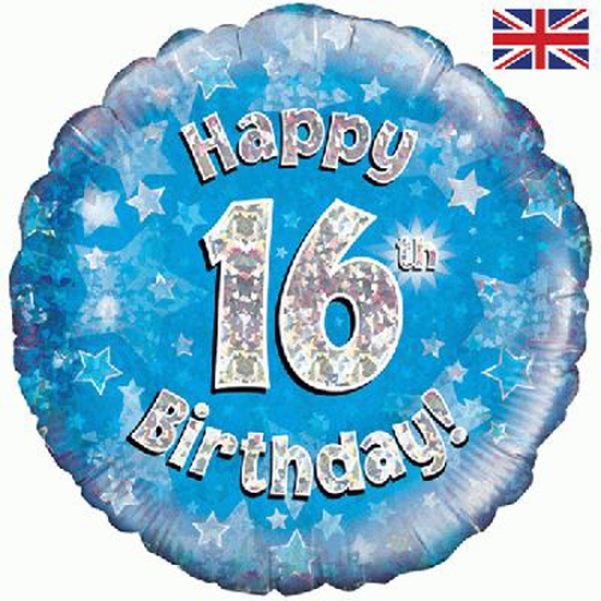 Folienballon - Happy Birthday - "16" - Glitzerregen - blau - 45,7 cm