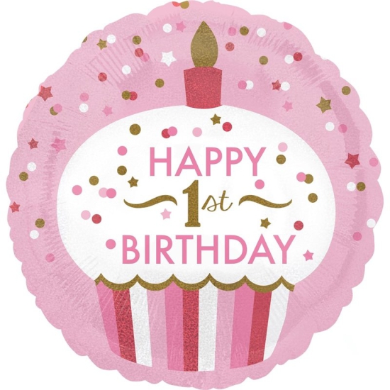 Folienballon Glitzer Cupcake "1st Birthday" pink 43 cm
