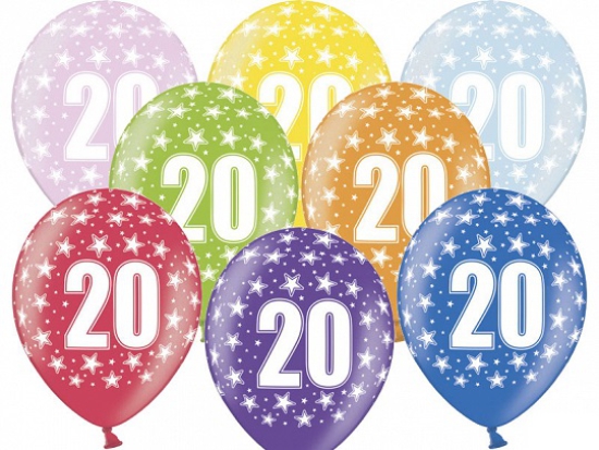 6 Latexballons - 20th Birthday - 20. Geburtstag - metallic - bunt - 30 cm