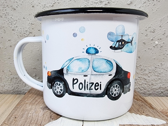 Emailletasse Emaille-Tasse Tasse Polizei - Polizist - Polizeiauto Emaille zweiseitig mit verschiedenem Motiv bedruckt