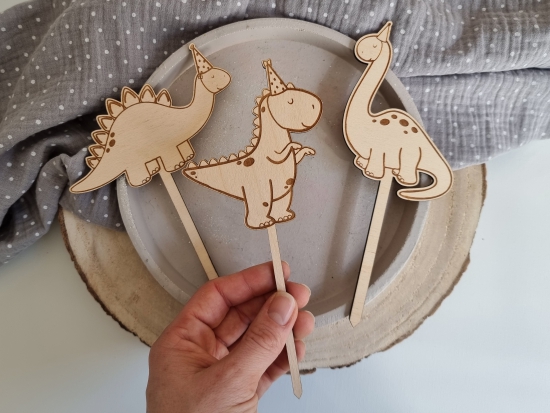 Cake Topper Tortenstecker Dinosaurier Dino T-Rex Stegosaurus Brontosaurus aus Holz