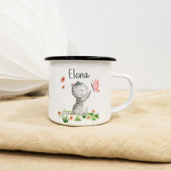 Emaille Tasse zweiseitig hochwertig bedruckt Tasse Becher Katze mit Schmetterling - Personalisiert