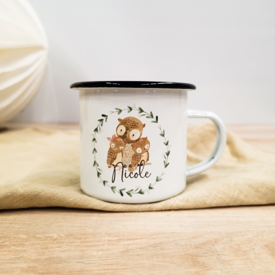 Emaille Tasse zweiseitig hochwertig bedruckt Tasse Becher Namenstasse Kinder süße Eulen Eulenfamilie Owl Geschenk Personalisiert