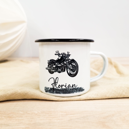 Emaille Tasse zweiseitig hochwertig bedruckt Tasse Becher Motorrad Chopper Biker Geschenk Personalisiert