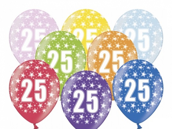 6 Latexballons - 25th Birthday - 25. Geburtstag - metallic - bunt - 30 cm