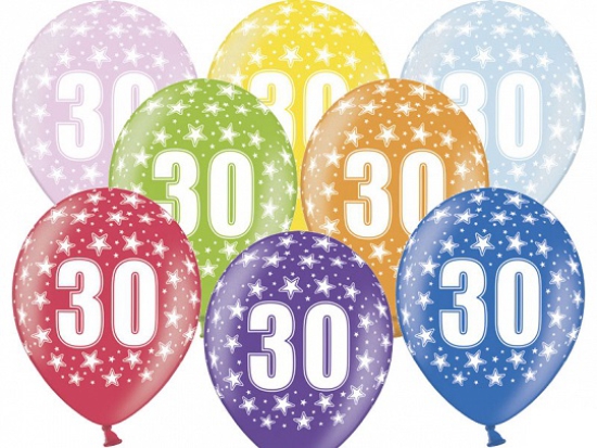 6 Latexballons - 30th Birthday - 30. Geburtstag - metallic - bunt - 30 cm