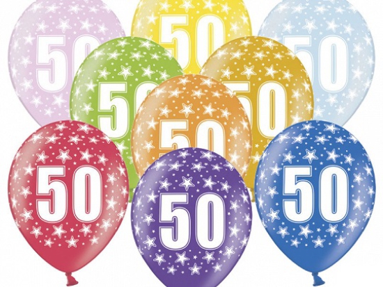6 Latexballons - 50th Birthday - 50. Geburtstag - metallic - bunt - 30 cm