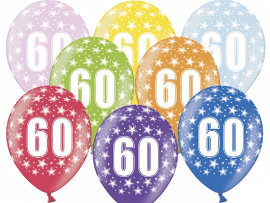 6 Latexballons - 60th Birthday - 60. Geburtstag - metallic - bunt - 30 cm