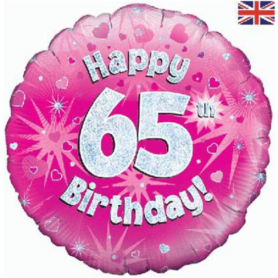 Folienballon - Happy Birthday - "65" - pink - glitzernd - rund - 45,7 cm