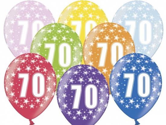 6 Latexballons - 70th Birthday - 70. Geburtstag - metallic - bunt - 30 cm