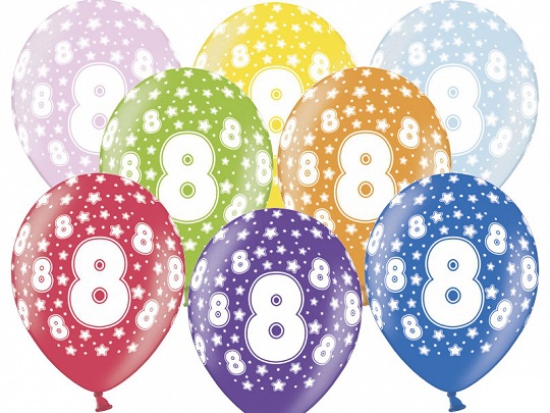 6 Latexballons - 8th Birthday - 8. Geburtstag - metallic - bunt - 30 cm