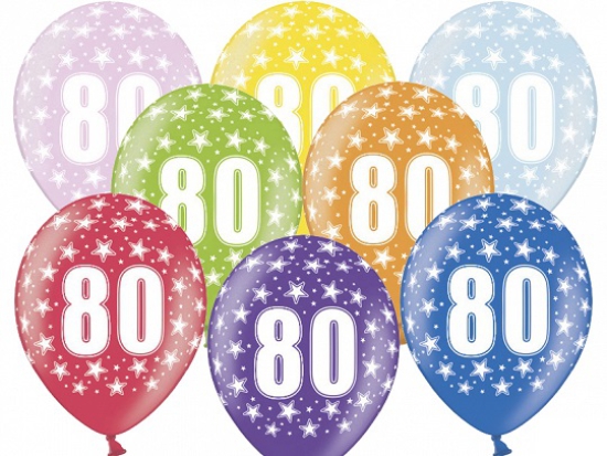6 Latexballons - 80th Birthday - 80. Geburtstag - metallic - bunt - 30 cm