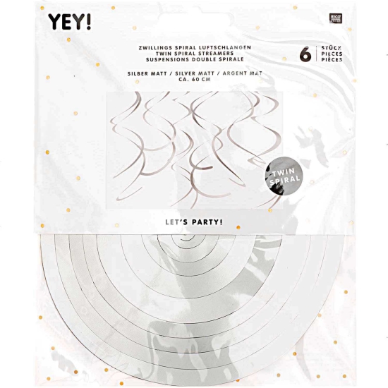 Rico Design - YEY! Let's Party - silberne Spiralluftschlangen - 60cm - 6 Stück