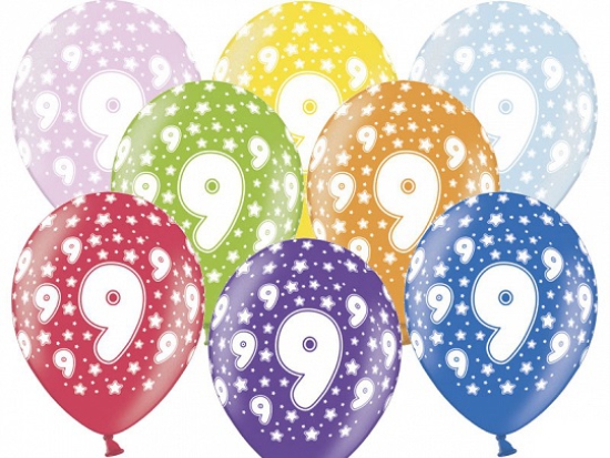 6 Latexballons - 9th Birthday - 9. Geburtstag - metallic - bunt - 30 cm