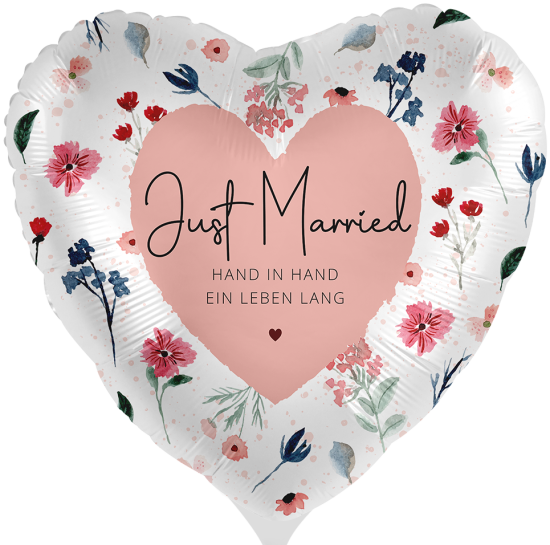 Folienballon - Just Married - Herz mit Blumen - 43 cm