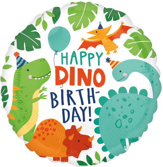 Folienballon - Happy Birthday - fröhliche Dinosaurier - rund - 43 cm