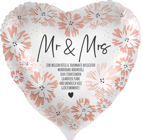 Folienballon - Herz - Blumige Hochzeit - Mr & Mrs - Herz - 43 cm