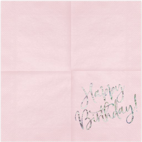 20 Servietten - Trend - Happy Birthday - pudriges Rosa mit silbernem Schriftzug - 33 x 33 cm