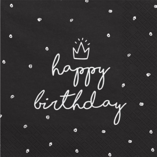 20 Servietten - "Happy Birthday" - schwarz - weiß  - 33 x 33 cm
