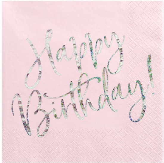 20 Servietten - Trend - Happy Birthday - pudriges Rosa mit silbernem Schriftzug - 33 x 33 cm