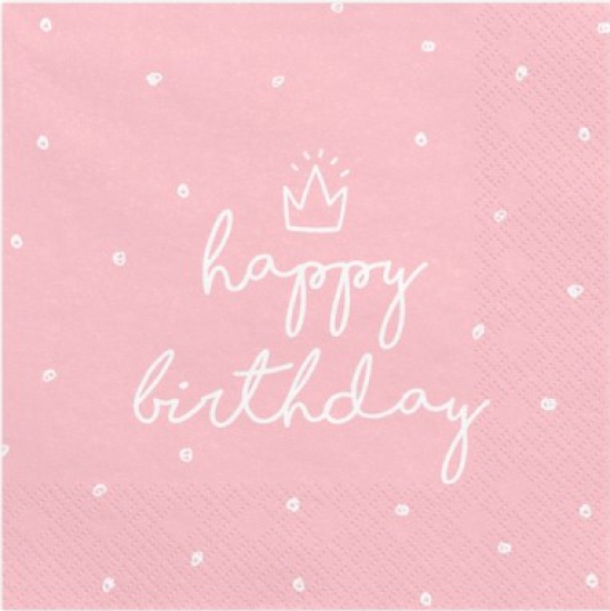 20 Servietten - "Happy Birthday" - Krone - rosa  - 33 x 33 cm