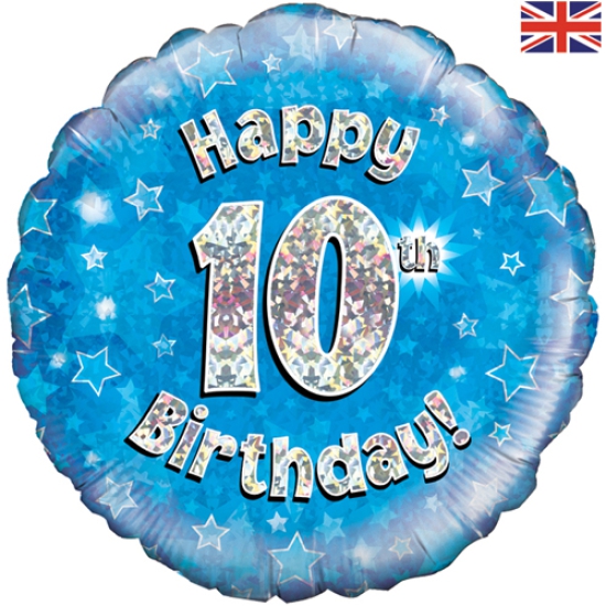 Folienballon - Happy Birthday - "10" - Glitzerregen - blau - 45,7 cm