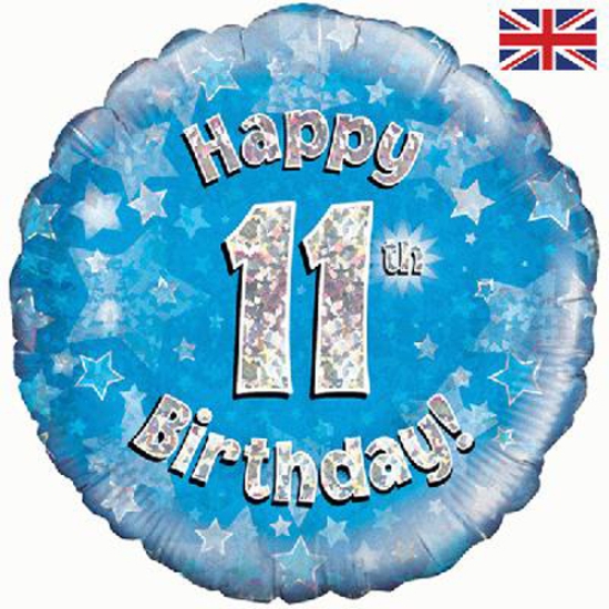 Folienballon - Happy Birthday - "11" - Glitzerregen - blau - 45,7 cm
