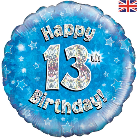 Folienballon - Happy Birthday - "13" - Glitzerregen - blau - 45,7 cm