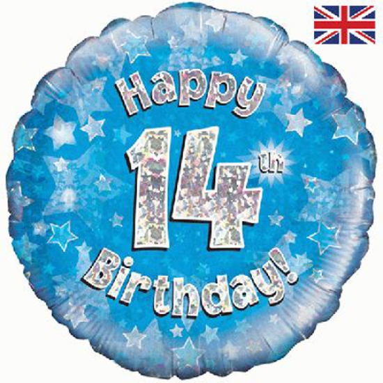Folienballon - Happy Birthday - "14" - Glitzerregen - blau - 45,7 cm