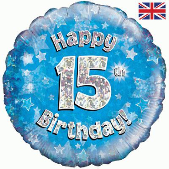Folienballon - Happy Birthday - "15" - Glitzerregen - blau - 45,7 cm
