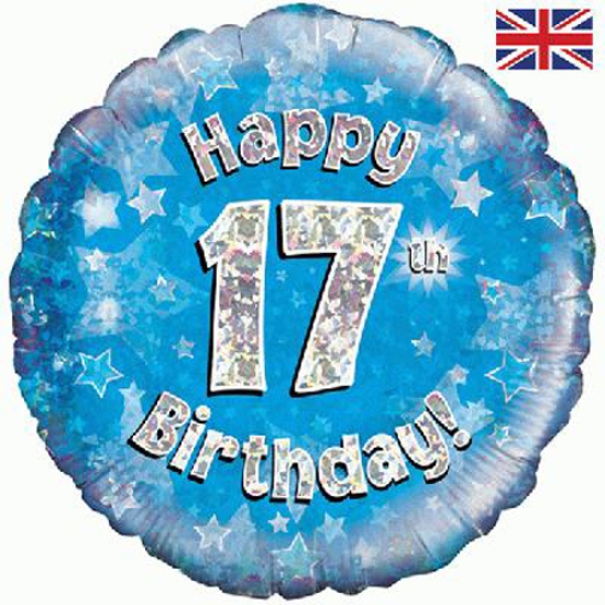 Folienballon - Happy Birthday - "17" - Glitzerregen - blau - 45,7 cm
