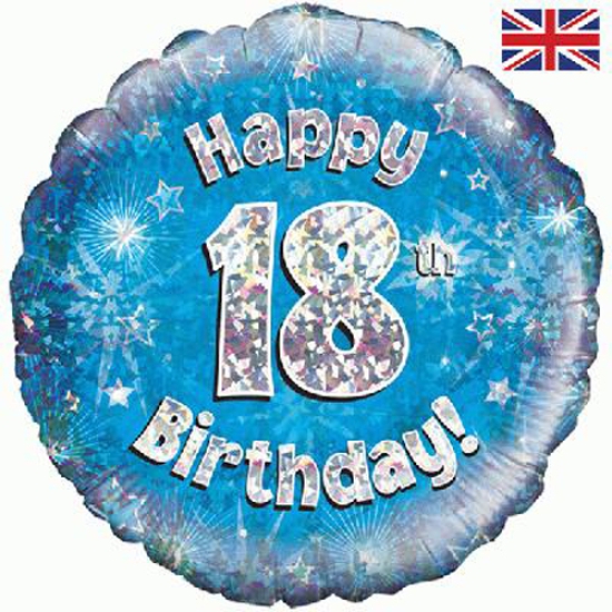 Folienballon - Happy Birthday - "18" - Glitzerregen - blau - 45,7 cm