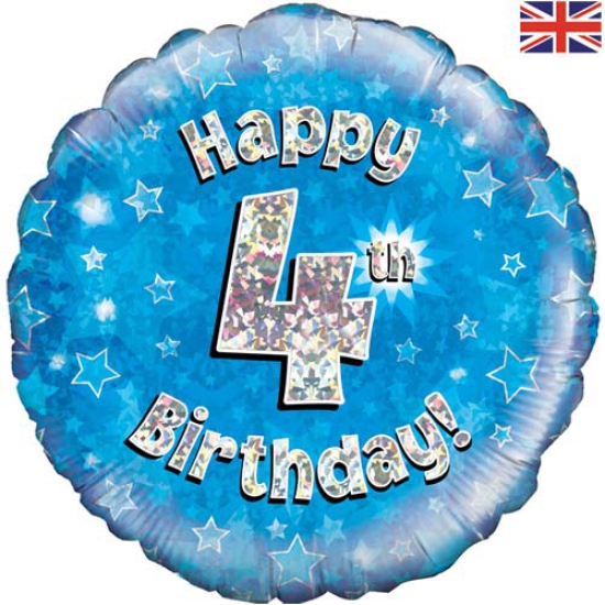 Folienballon - Happy Birthday - "4" - Glitzerregen - blau - 45,7 cm