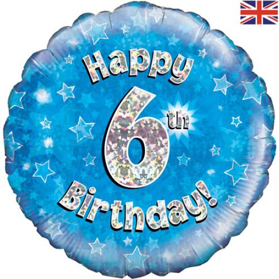Folienballon - Happy Birthday - "6" - Glitzerregen - blau - 45,7 cm
