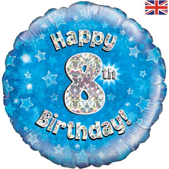 Folienballon - Happy Birthday - "8" - Glitzerregen - blau - 45,7 cm