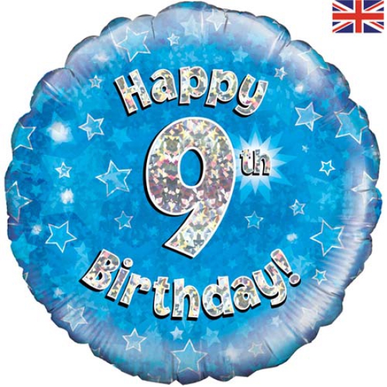 Folienballon - Happy Birthday - "9" - Glitzerregen - blau - 45,7 cm