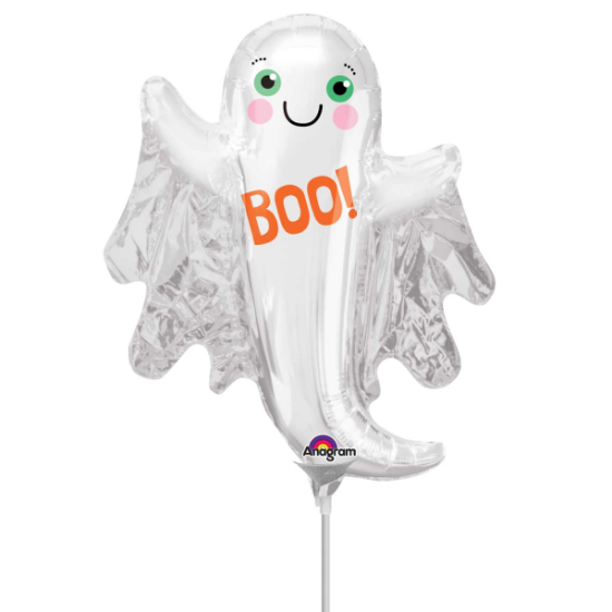 Folienballon am Stab - luftgefüllt - "BOO - freundlicher Geist" - Gespenst - Halloween