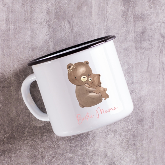 Emaille Tasse zweiseitig hochwertig bedruckt Tasse Becher Beste Mama Woodland Bär - Personalisiert
