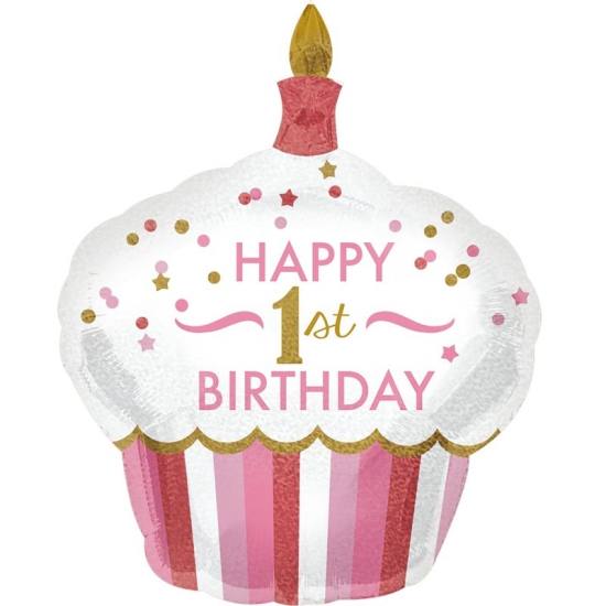 XXL Folienballon Glitzer Cupcake 1st Birthday pink 73 x 91 cm