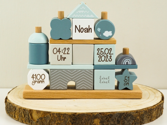 Label Label - Holz - Steckspiel - Traumhaus - Blau- personalisierbar