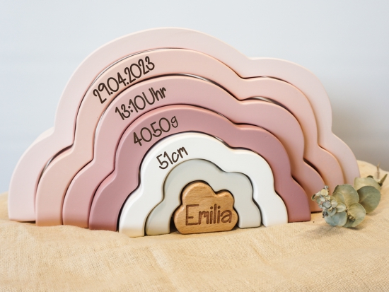 Label Label - Holz - Steckspiel - Puzzle - pastellfarbener Regenbogen - rosa - personalisierbar - graviert