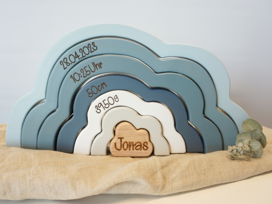 Label Label - Holz - Steckspiel - Puzzle - pastellfarbener Regenbogen - blau - personalisierbar