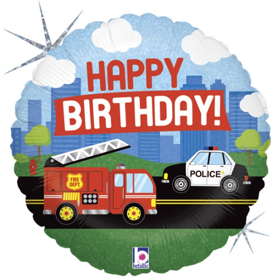 Folienballon - Happy Birthday - Einsatzfahrzeuge - Polizei - Feuerwehr - 46 cm