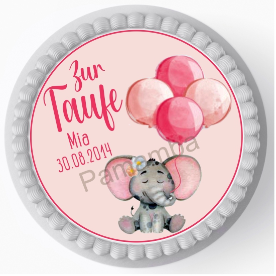 Tortenaufleger - Tortenbild - süßer Elefant mit rosa Ballons - Personalisierbar