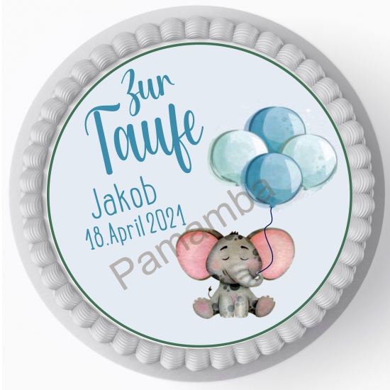 Tortenaufleger - Tortenbild - süßer Elefant mit blauen Ballons - personalisierbar