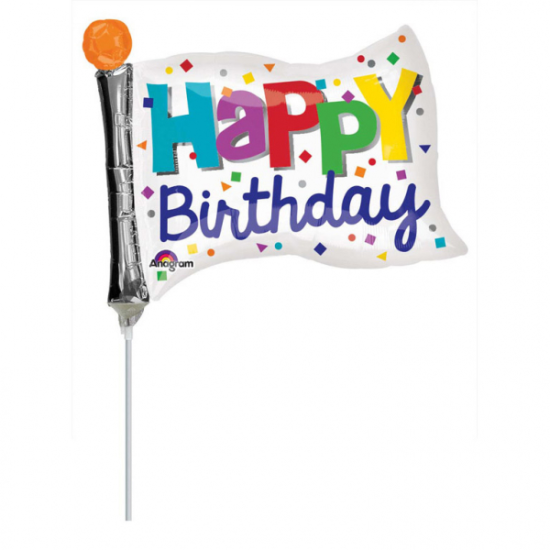 Folienballon am Stab - luftgefüllt - Happy Birthday - Flagge - 25 x 20 cm