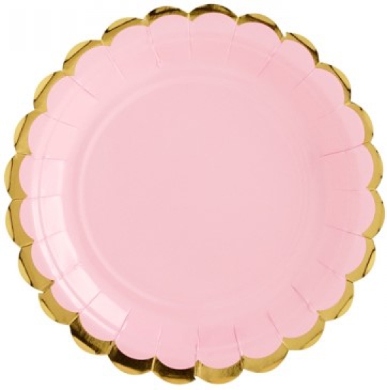 6 - Pappteller - rosa - mit Goldrand - 18 cm