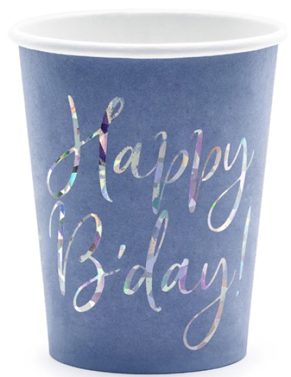 6 Pappbecher - Happy Birthday - Navy - blau - silber - 200 ml