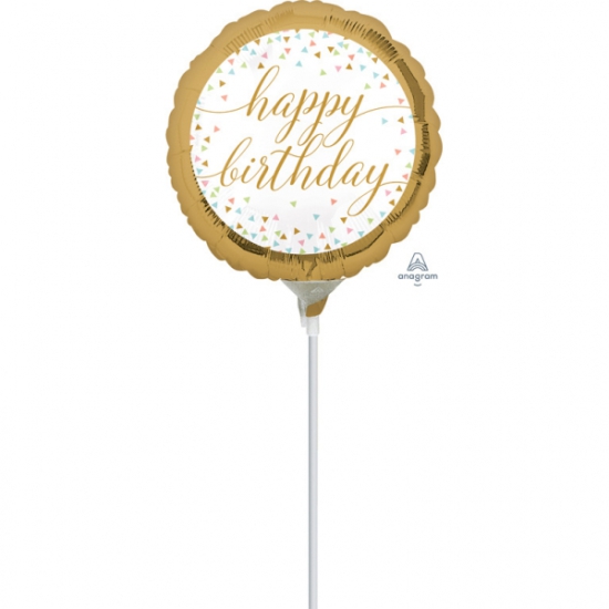 Folienballon am Stab - luftgefüllt - Folienballon am Stab - luftgefüllt - happy birthday - Konfetti - gold - 22,8 cm  - 22,8 cm